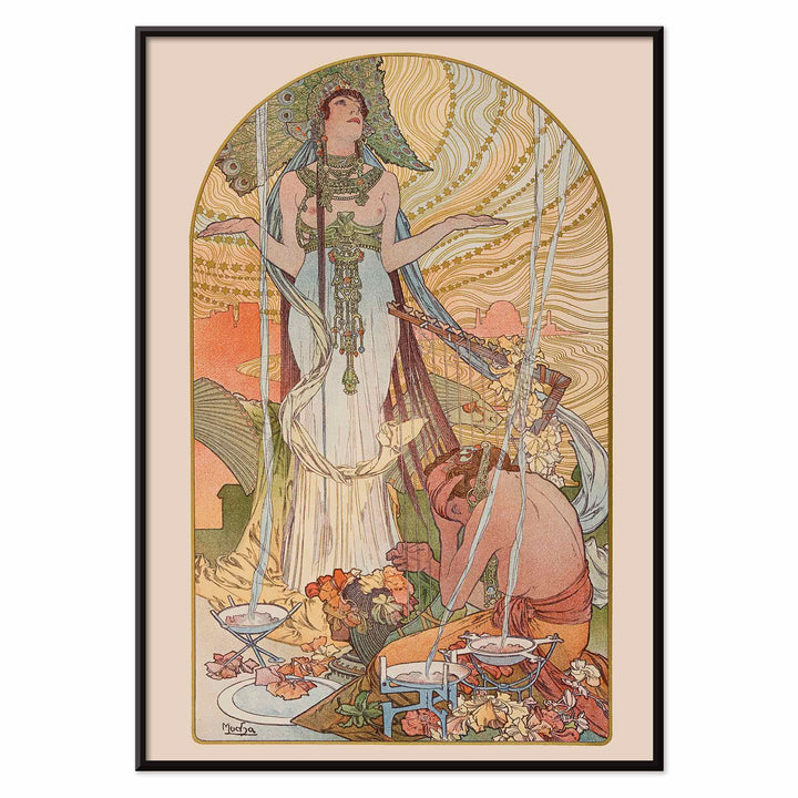 Alphonse Mucha Salammbô The Incantation Art Nouveau poster with ornate figure and flowing lines, with black aluminium frame on white background