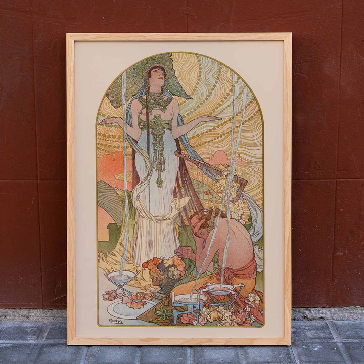 Alphonse Mucha Salammbô The Incantation Art Nouveau poster with ornate figure and flowing lines, framed and displayed in home decor