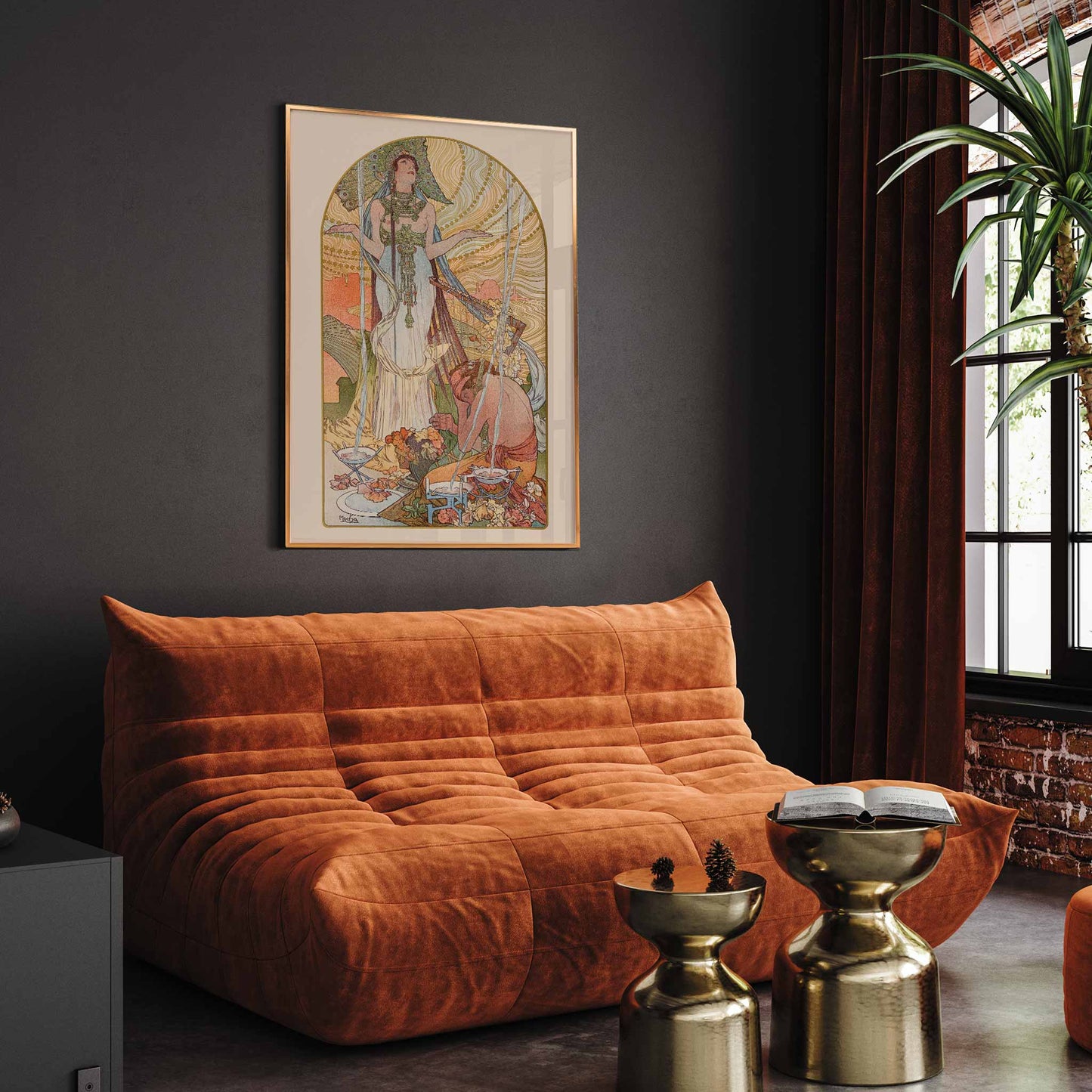 Alphonse Mucha Salammbô The Incantation Art Nouveau poster with ornate figure and flowing lines, framed and displayed in modern living room decor
