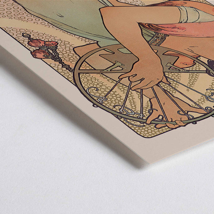 Closeup detail of Alphonse Mucha Salome Art Nouveau poster elegant woman holding decorated circular motif in soft peach beige and green tones