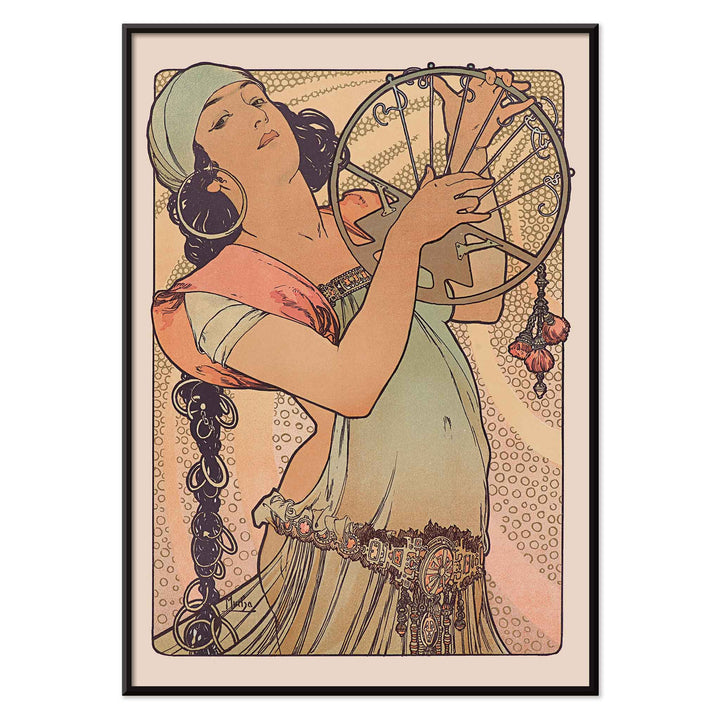 Alphonse Mucha Salome Art Nouveau poster elegant woman holding decorated circular motif in soft peach beige and green tones, with black aluminium frame on white background