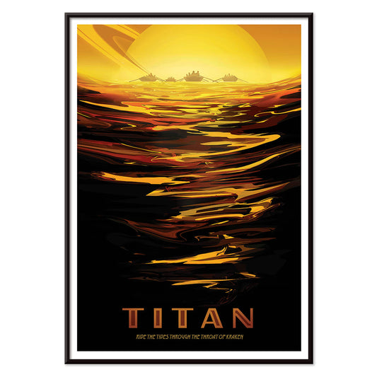 Futuristic boats on golden waves with Saturn in the background at sunset inspired by Titan Ride the tides through the throat of Kraken by NASA, with black aluminium frame on white background