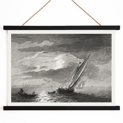 Sailboats on a moonlit sea seascape with full moon by Cornelis Ploos van Amstel poster showing sailboats on the ocean under a moonlit sky, with wooden magnetic frame on white background