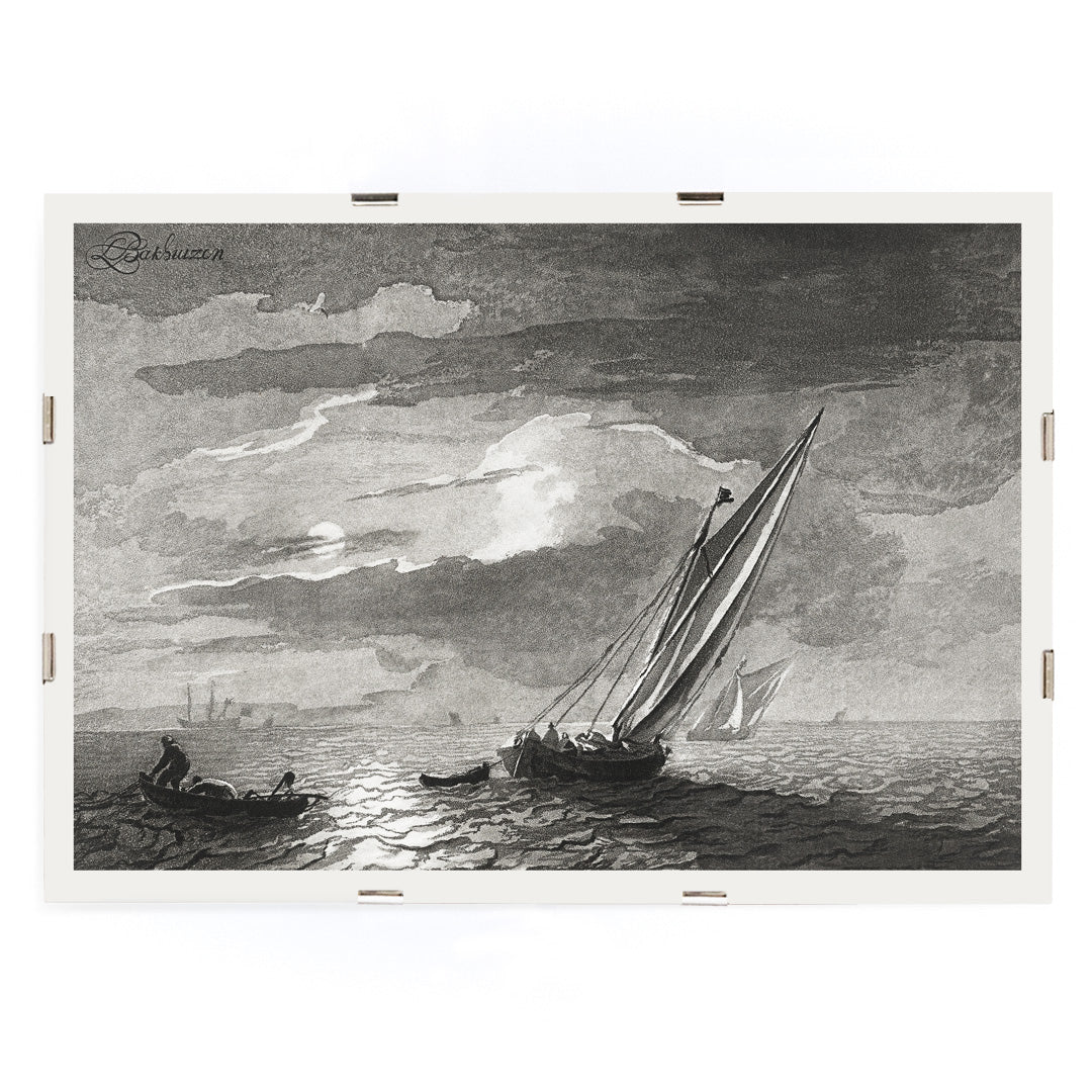 Sailboats on a moonlit sea seascape with full moon by Cornelis Ploos van Amstel poster showing sailboats on the ocean under a moonlit sky, framed and displayed in modern living room decor