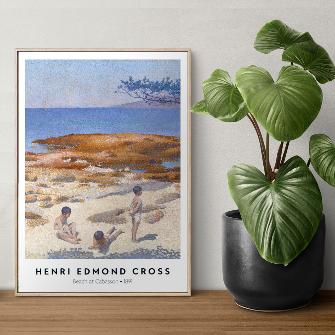 Poster of Beach at Cabasson by Henri Edmond Cross with children playing on a sandy shore under a blue sky, framed and displayed in home decor