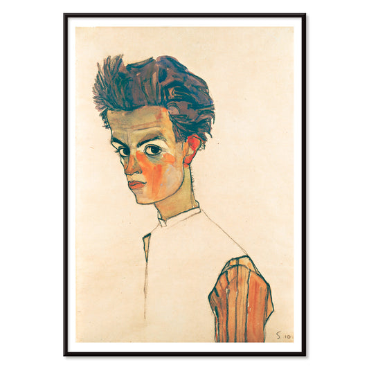 Colorful expressionist self-portrait painting of a young man in a striped shirt by Egon Schiele titled Self-Portrait with Striped Shirt poster, with black aluminium frame on white background