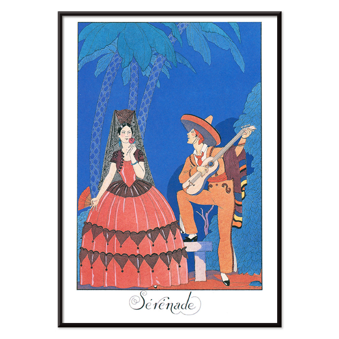 Serenade by George Barbier man playing guitar for woman in elegant or Spanish dress under palm trees romantic art poster, with black aluminium frame on white background