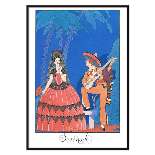 Serenade by George Barbier man playing guitar for woman in elegant or Spanish dress under palm trees romantic art poster, with black aluminium frame on white background