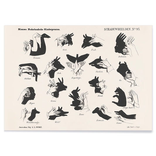 Vintage hand shadow puppet illustrations and animal shapes poster from Shadow Hands by George Lodewijk Funke artwork, with black aluminium frame on white background