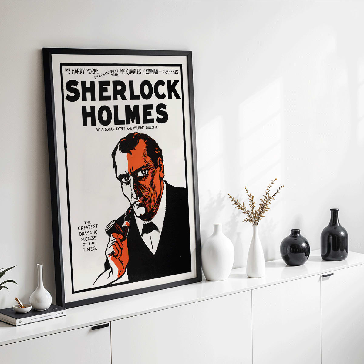 Sherlock Holmes Theater Poster by Arthur Conan Doyle and William Gillette featuring dramatic illustrated portrait of detective with pipe, framed and displayed in modern living room decor