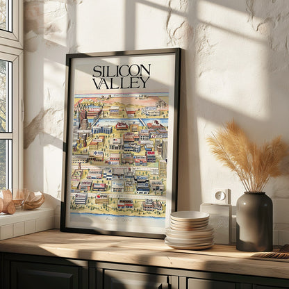 Silicon Valley Map poster by Kirby Scudder featuring tech company logos and notable companies illustration, framed and displayed in modern living room decor