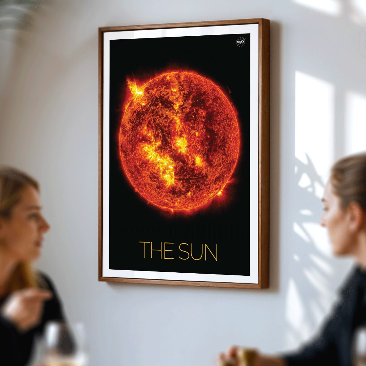 Fiery image of the Sun with solar flares by NASA poster featuring detailed solar activity, framed and displayed in home decor