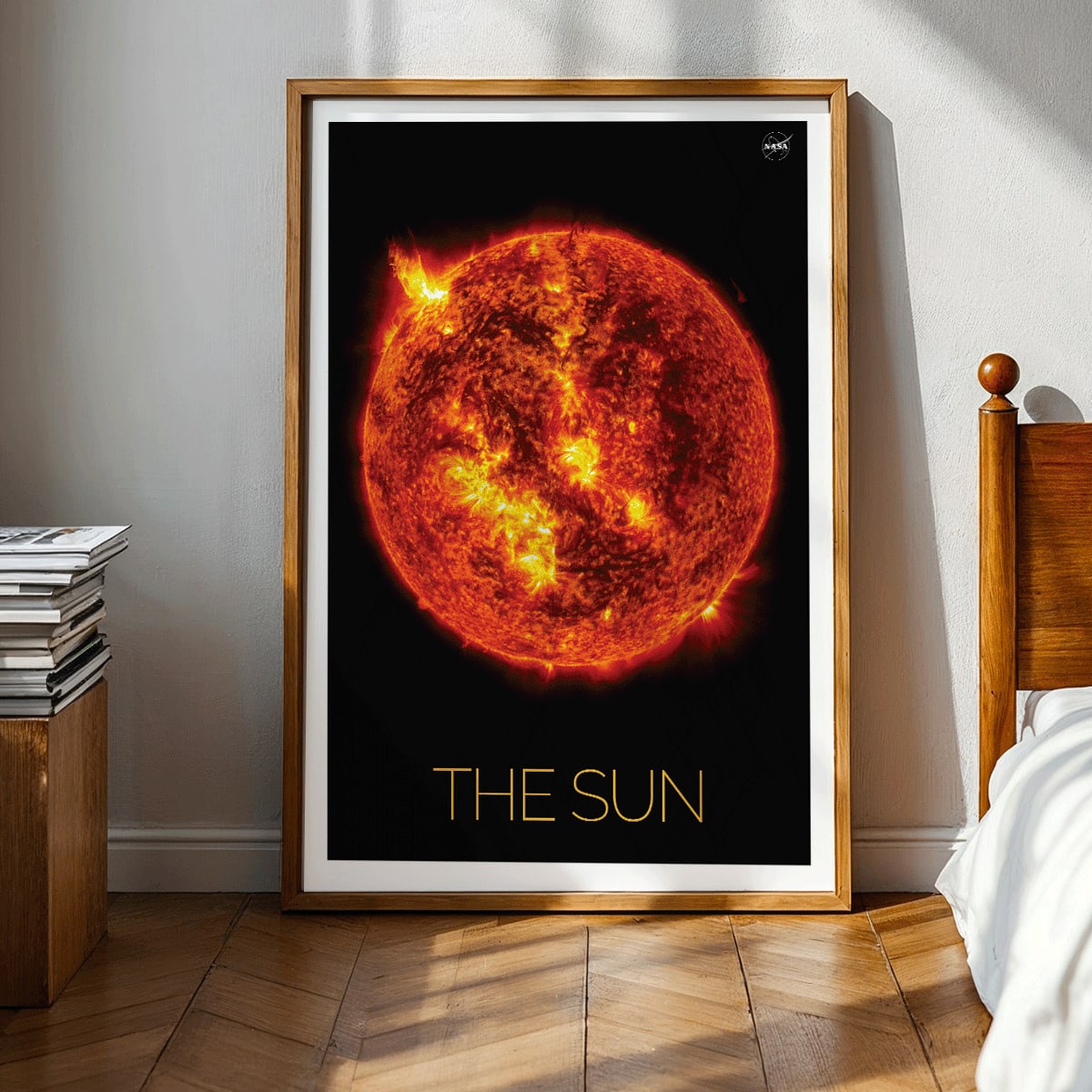 Fiery image of the Sun with solar flares by NASA poster featuring detailed solar activity, framed and displayed in modern living room decor