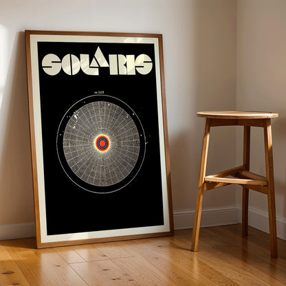 Solaris Movie Poster abstract cosmic and circular design with intricate vibrant patterns on black background by Daniela Narvaez and anonymous artist, framed and displayed in home decor