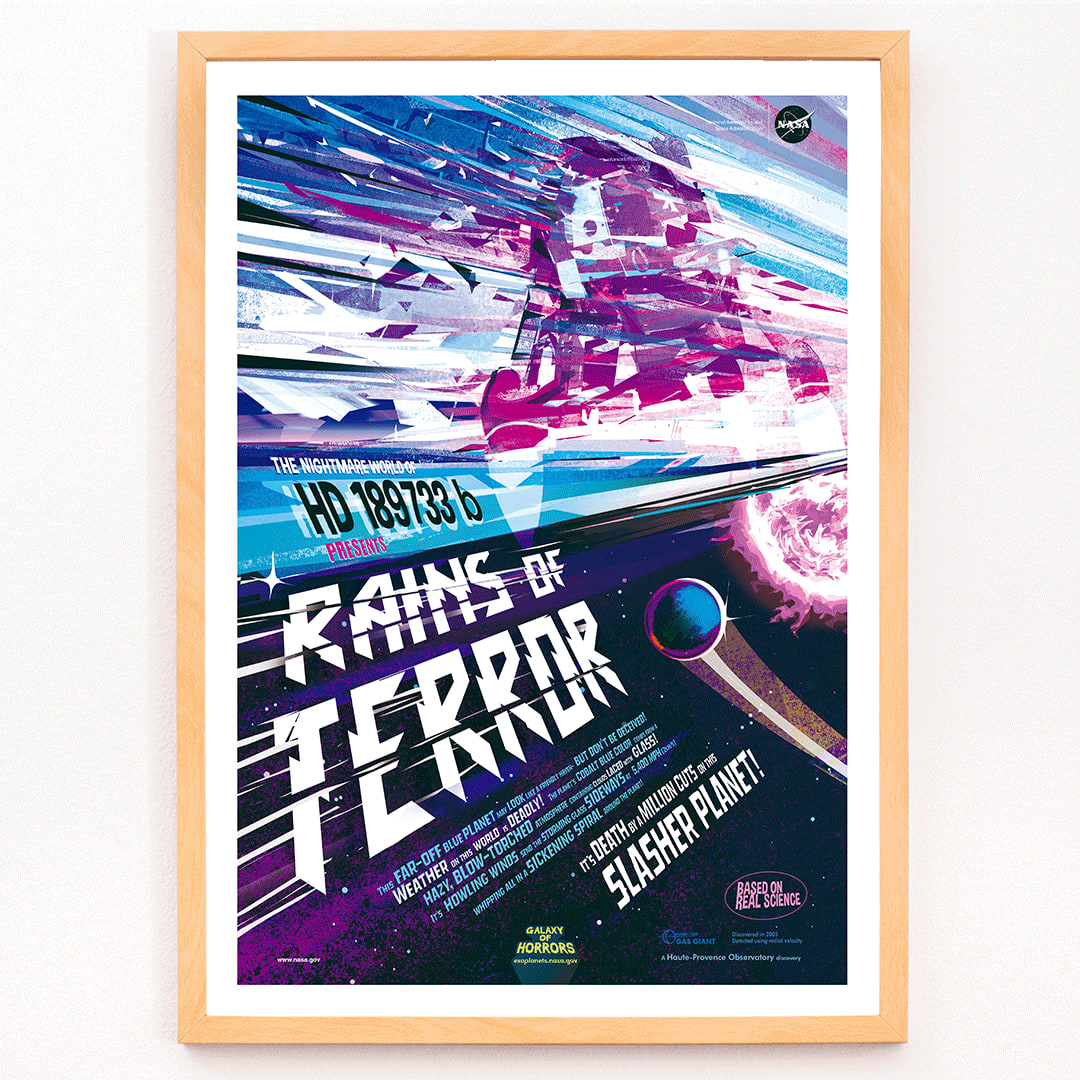 Colorful sci fi poster titled Rains of Terror by NASA featuring a dramatic alien storm scene vivid colors planets and dynamic space artwork, framed and displayed in modern living room decor