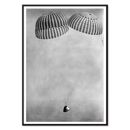 Apollo 9 spacecraft with astronauts McDivitt Scott and Schweickart descending toward Atlantic splashdown with parachutes NASA recovery poster, with black aluminium frame on white background