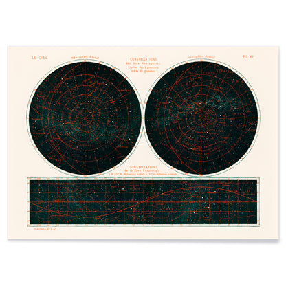 Celestial chart and poster of the two hemispheres night sky by Guillemin Amédée showing Constellations of the Two Hemispheres star maps, with black aluminium frame on white background