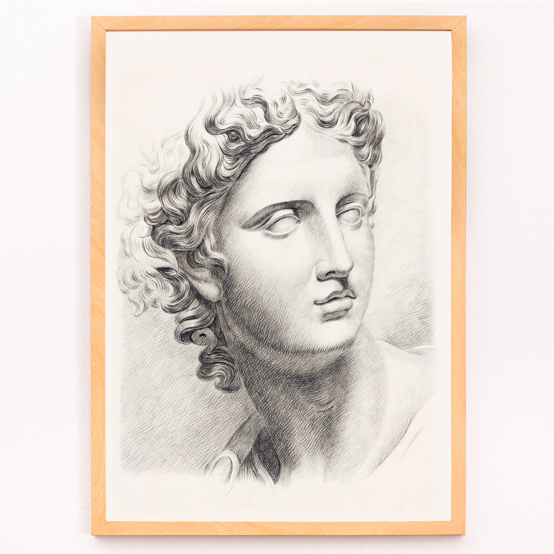 Closeup detail of Academy study of a mans head after a plaster cast antique statue by Johannes Tavenraat detailed drawing and poster