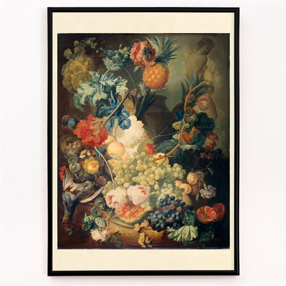 Closeup detail of Vibrant flowers fruit and birds in classical artwork Flowers Fruit and Birds by Jan van Os poster still life