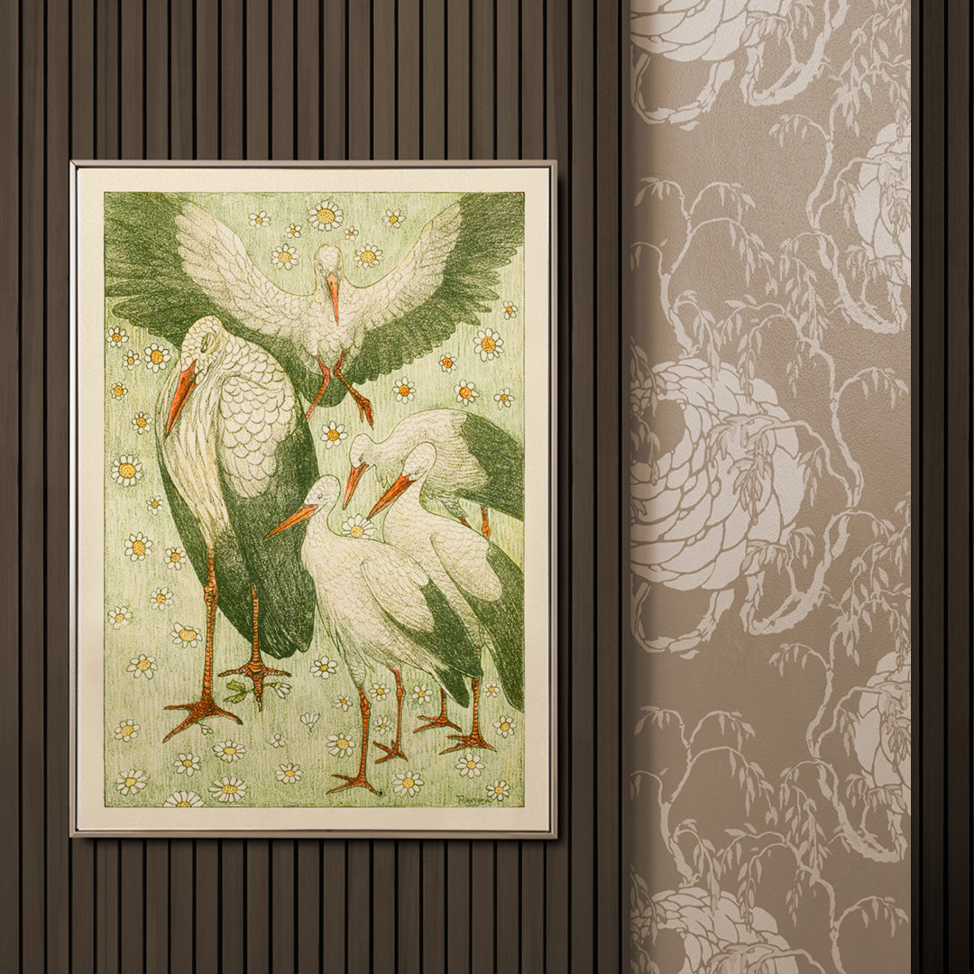 Five storks standing and flying among daisies and flowers in a meadow artwork by Theo van Hoytema poster, framed and displayed in home decor