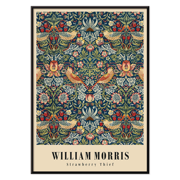 Strawberry Thief by William Morris ornate floral and bird pattern artwork poster with intricate designs and rich colors, with black aluminium frame on white background