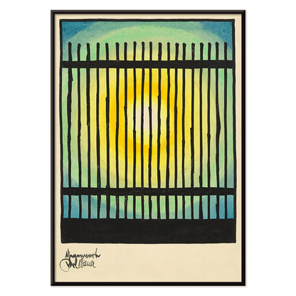 Abstract sun and colorful bars with bright center in Gegenwart artwork by Karl Wiener modern decor poster, with black aluminium frame on white background