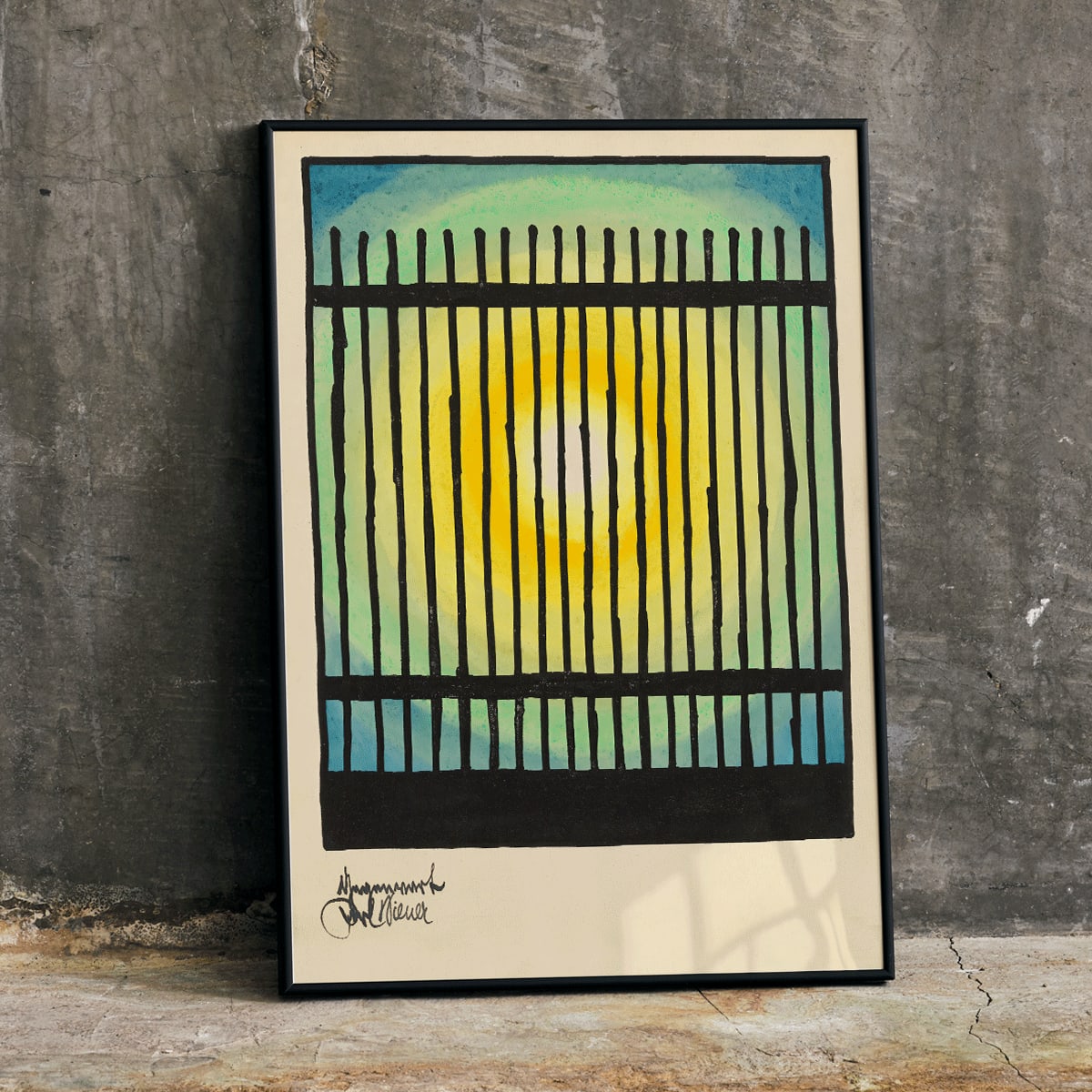 Abstract sun and colorful bars with bright center in Gegenwart artwork by Karl Wiener modern decor poster, framed and displayed in home decor