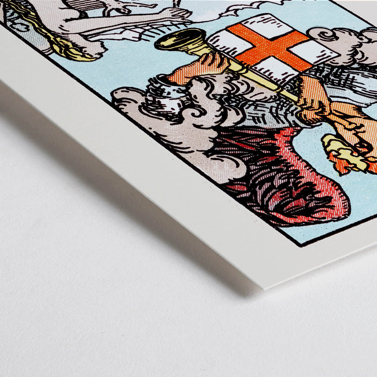 Closeup detail of Judgement tarot card by Rider Waite showing an angel with a trumpet and people rising from graves poster