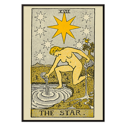 The Star tarot card by Lauron William de Laurence showing a woman pouring water from jugs under a starlit night sky tarot poster, with black aluminium frame on white background