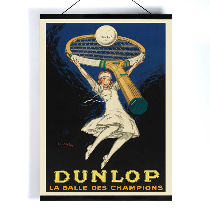 Jean dYlen Dunlop The Ball of Champions poster with leaping tennis player giant racket and ball in bold blue and black, with wooden magnetic frame on white background