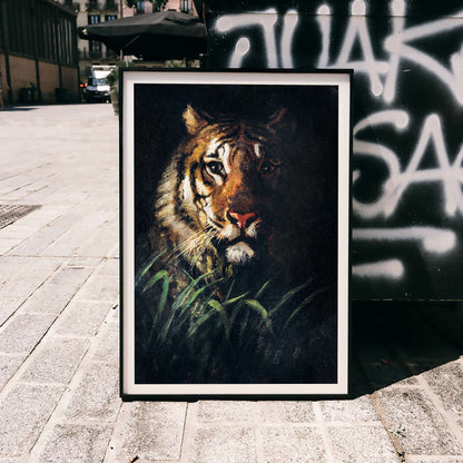Tigers Head painting by Abbott Handerson Thayer detailed tiger portrait in the wild and emerging from dark foliage poster artwork, framed and displayed in home decor