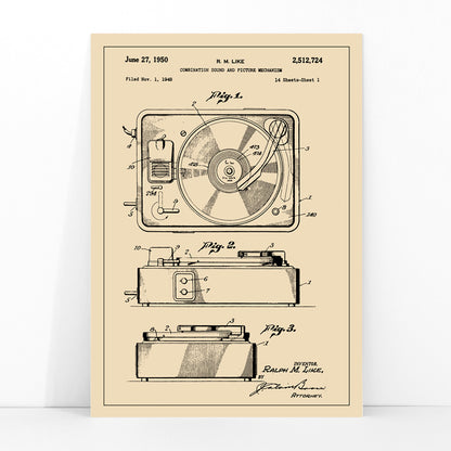 Vintage turntable patent illustration and technical drawing poster by R M Like ideal music lover decor, framed and displayed in modern living room decor