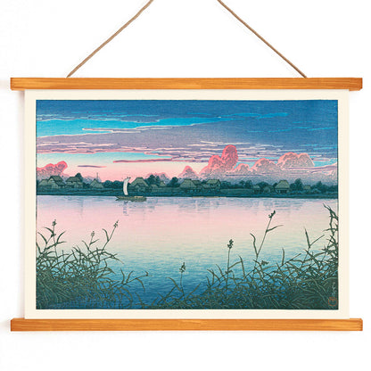 Early Autumn in Urayasu by Kawase Hasui peaceful lakeside village poster with serene waterfront houses boat and colorful sky, with wooden magnetic frame on white background