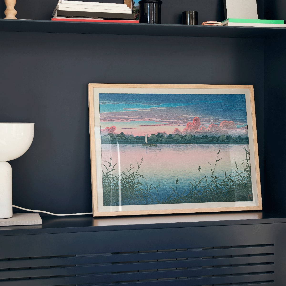 Early Autumn in Urayasu by Kawase Hasui peaceful lakeside village poster with serene waterfront houses boat and colorful sky, framed and displayed in home decor