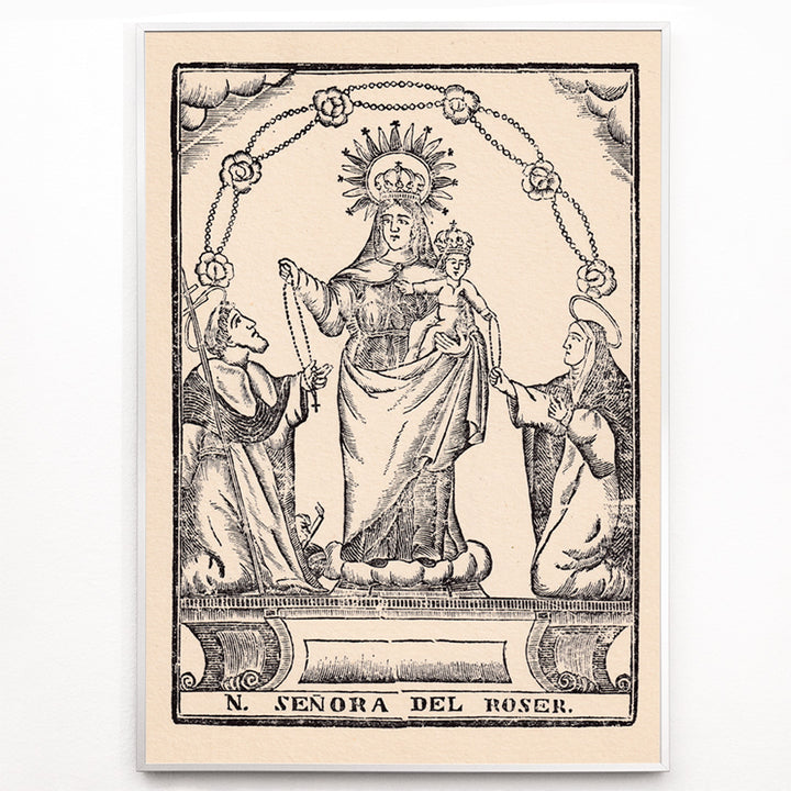 Closeup detail of Nuestra Senora del Roser Virgin Mary holding Child Jesus with saints black and white religious illustration and crowned Madonna and child surrounded by saints traditional religious artwork