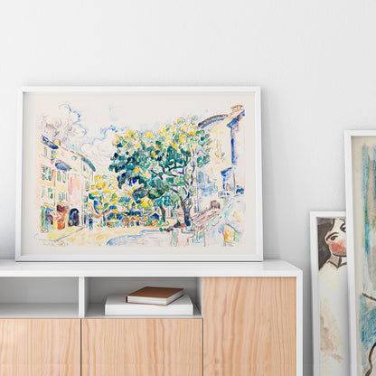 Colorful town square and vibrant street scene in Antibes with trees and buildings by Paul Signac poster, framed and displayed in home decor