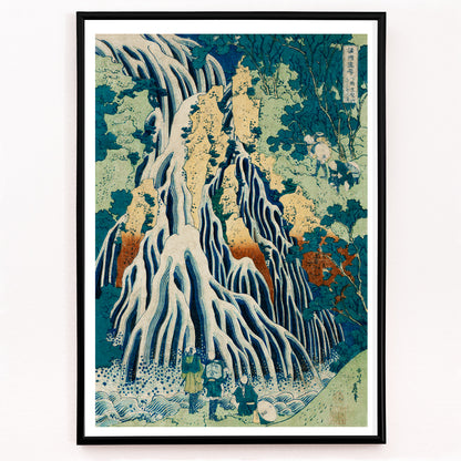 Closeup detail of Dramatic waterfall with figures in lush forest landscape Shimotsuke Kurokami Yama Kurifuri no Taki by Katsushika Hokusai poster