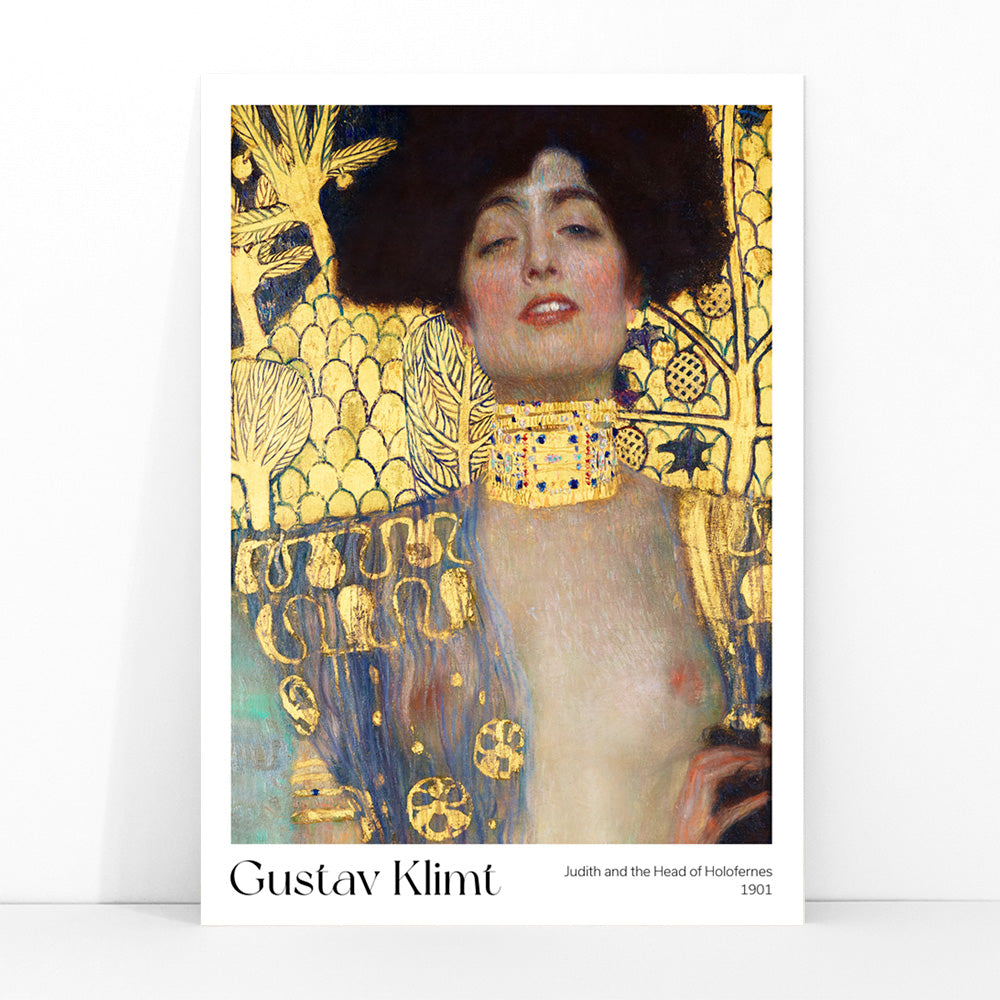 Judith and the Head of Holofernes by Gustav Klimt on ornate gold background art poster, framed and displayed in modern living room decor