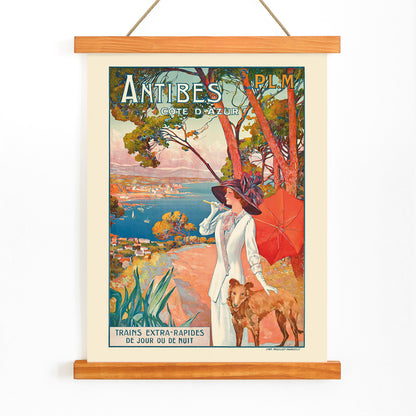 Elegant lady with dog and stylish woman with red umbrella overlooking Antibes French Riviera coastline by David Dellepiane, with wooden magnetic frame on white background