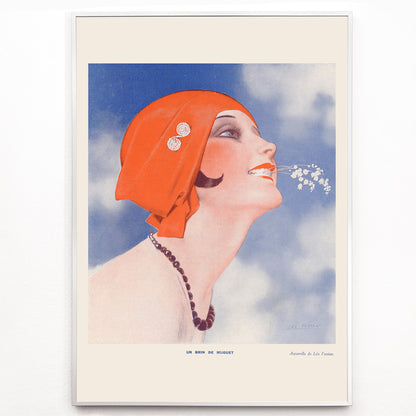 Closeup detail of Poster of Un Brin de Muguet by Leo Fontan showing a smiling woman in a red headscarf holding lily of the valley in her mouth