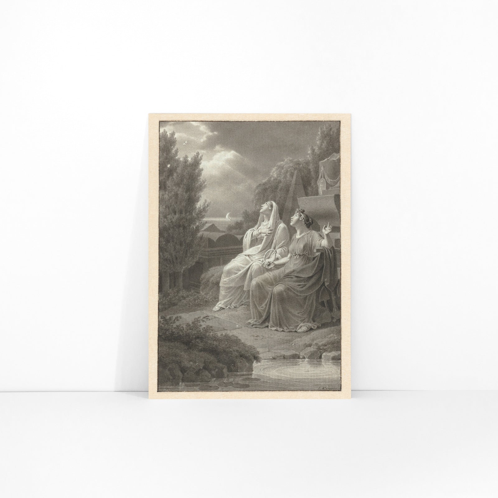 Two women in classical attire seated outdoors gazing at the night sky artwork by Jacques Kuyper, framed and displayed in modern living room decor