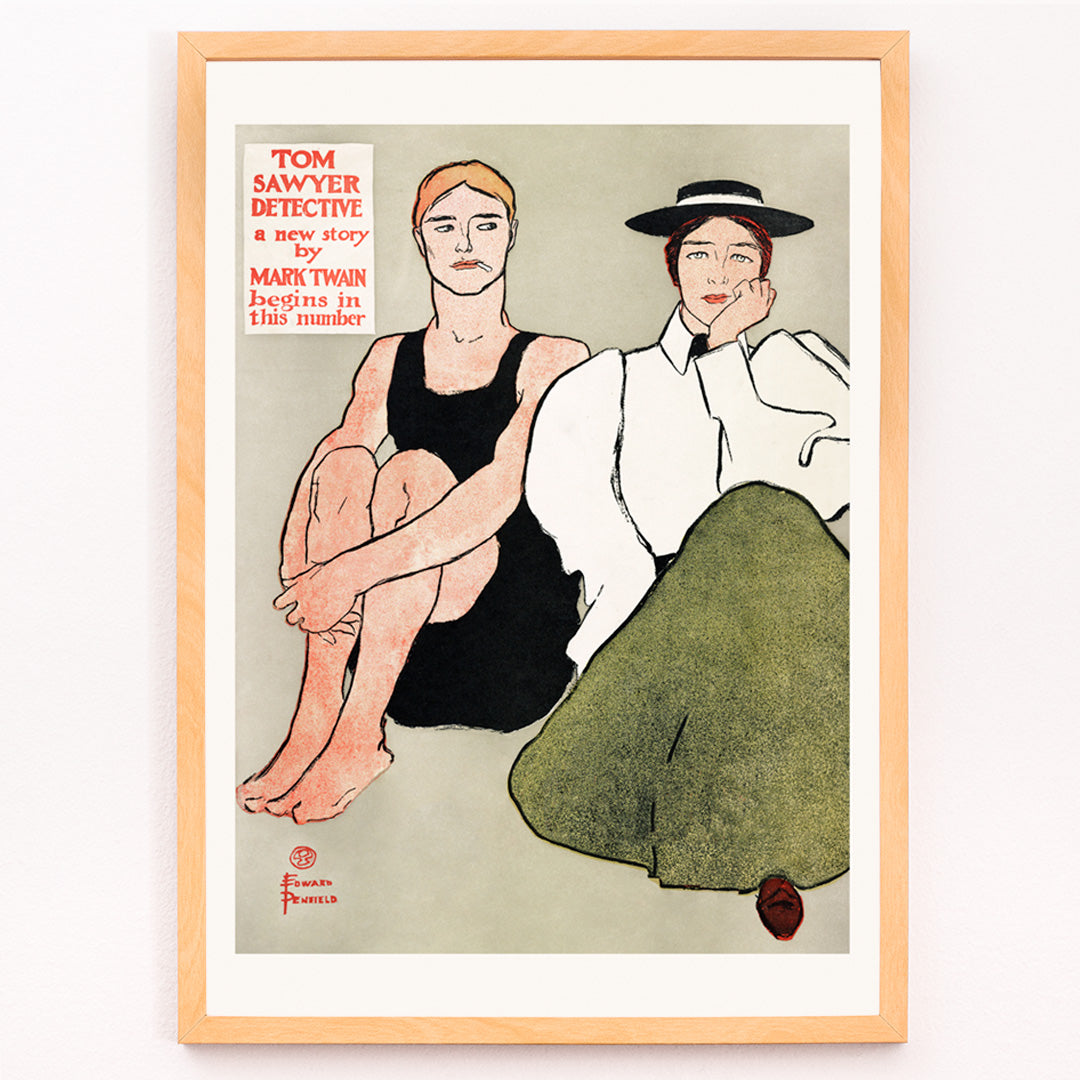 Closeup detail of Two women in vintage clothing seated together in an illustration by Edward Penfield titled Two Seated Women poster
