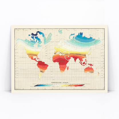 Colorful vintage world map of global climate and temperature zones by Wilhelm Ebel, framed and displayed in modern living room decor