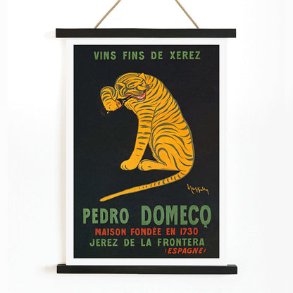 Leonetto Cappiello poster of a playful tiger on black background promoting Xerez Pedro Domeco wine, with wooden magnetic frame on white background