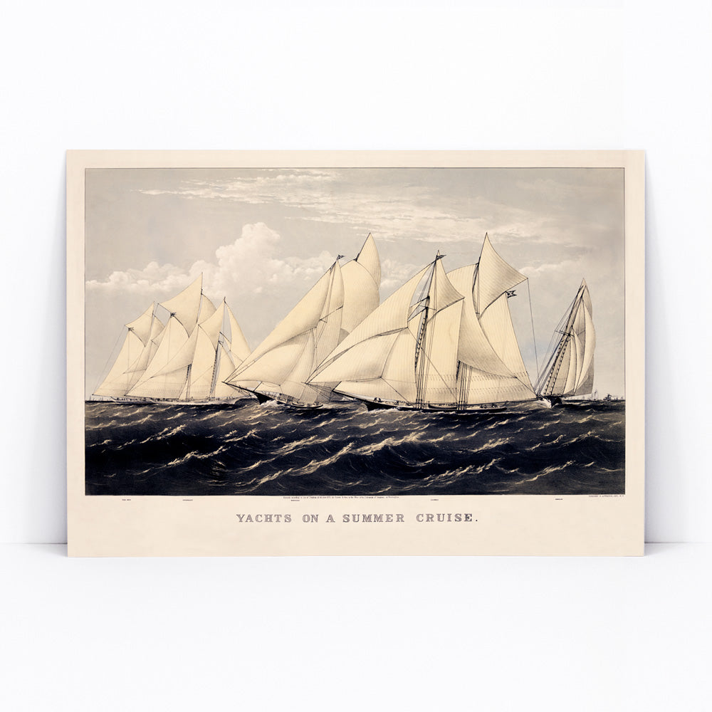 Sailboats and yachts racing on the ocean under clear skies in Yachts on a Summer Cruise by Currier and Ives, framed and displayed in modern living room decor