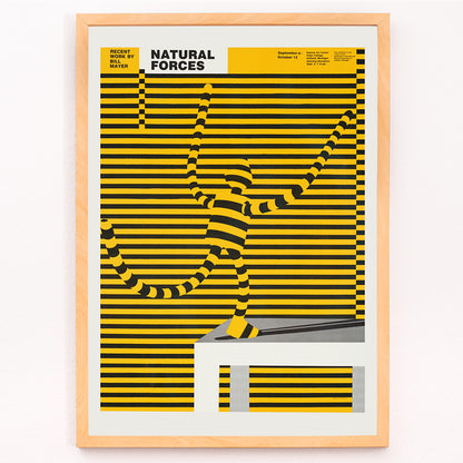 Closeup detail of Natural forces artwork by Bill Mayer featuring a yellow and black striped abstract figure blending with lines poster