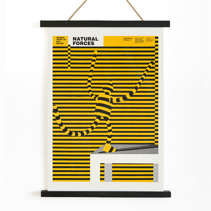 Natural forces artwork by Bill Mayer featuring a yellow and black striped abstract figure blending with lines poster, with wooden magnetic frame on white background